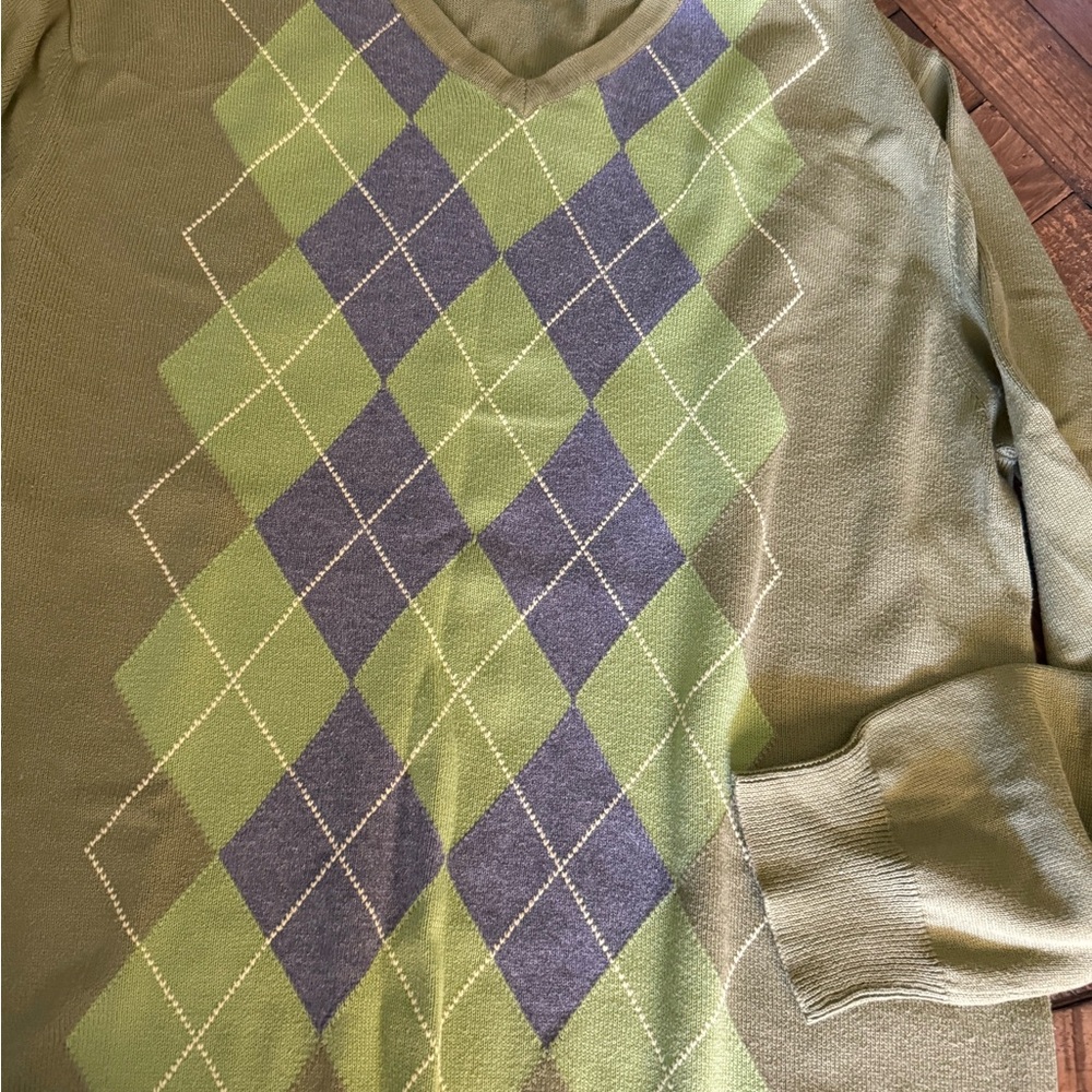 Banana Republic Olive and Navy Argyle V-Neck Sweater